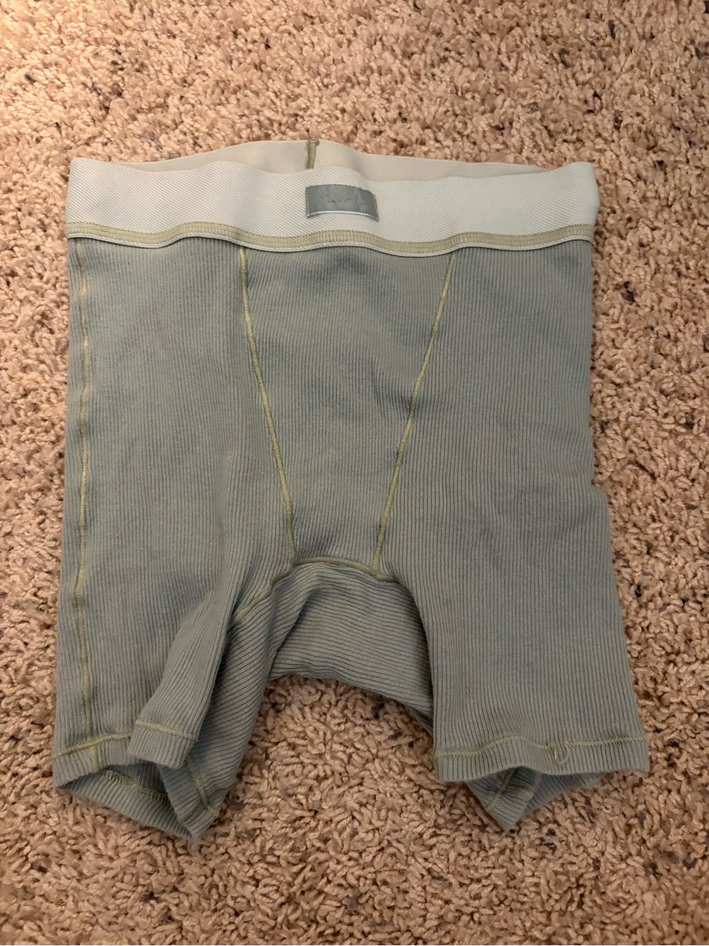 SKIMS Ribbed Bike Shorts in Sage Green with Cream Waistband